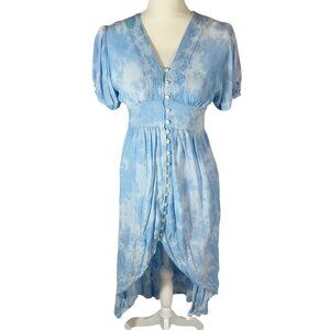 Aqua Blue Tie Dye High Low Button Up Peasant Dress Women's Size XS